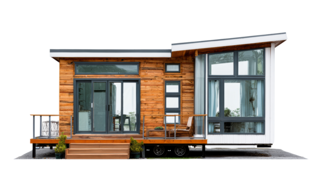 Modern wooden tiny house with large windows and a unique design, perfect for minimalistic living.