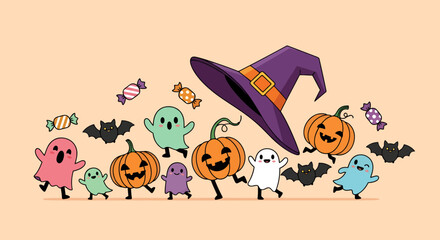 Playful Halloween Scene with Smiling Ghosts JackoLanterns Bats Candy and a Witch Hat.