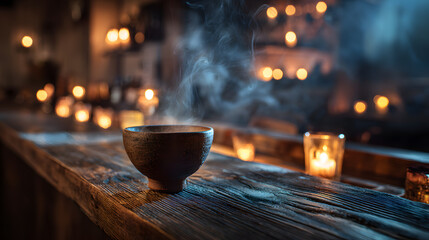 Mezcal in a clay copita with smoke and candlelight