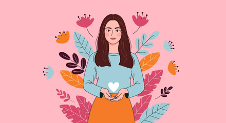 Smiling Woman with Heart Symbol and Floral Accents in a Flat Design.