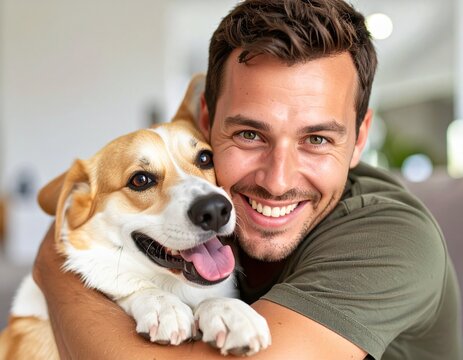 Happy man embracing his beloved Corgi dog with a warm smile, showing a strong bond.