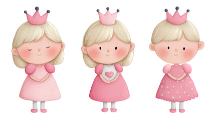 Cute princess girl illustration with pink dress and crown, smiling and peaceful expression in watercolor style
