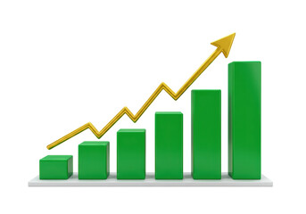 Isolated financial growth chart with green bars and gold arrow for commercial use