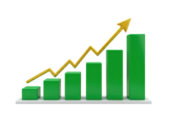 Isolated financial growth chart with green bars and gold arrow for commercial use