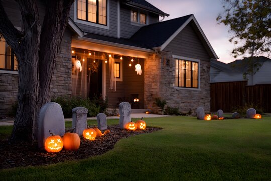 Spooky Halloween decorations in a cozy front yard at dusk Generative AI