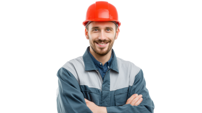 Smiling construction worker in a safety helmet and gray uniform, arms crossed, white isolate background.