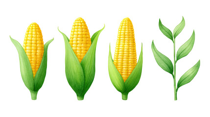 Yellow corn cob with green husk and fresh green leaves isolated on transparency background, natural healthy food concept
