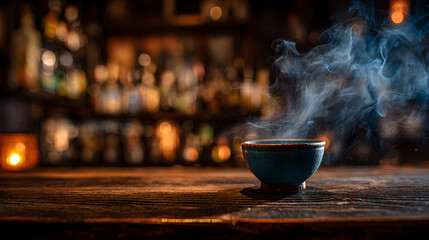 Mezcal in a clay copita with smoke and candlelight