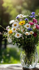 Vibrant wildflowers in a clear glass vase, outdoors in sunlight