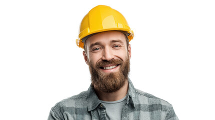 Smiling construction worker wearing a hard hat, ready for the job.