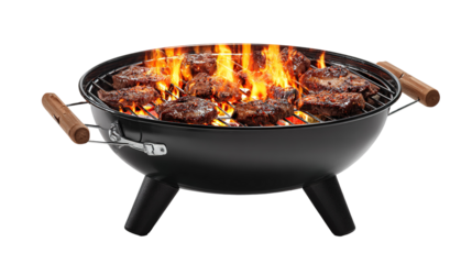 Traditional Wood-Fired BBQ Grill with Juicy Steaks Cooking Over Open Flames
