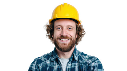 Smiling man with curly hair wearing a yellow hard hat and plaid shirt, isolated on white background.