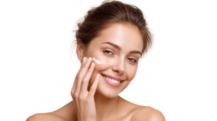 Smiling woman applying cream on her face, isolated on white background.