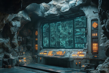 Large screen displaying space scene in sci-fi room.