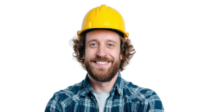 Smiling man with curly hair wearing a yellow hard hat and plaid shirt, isolated on white background.