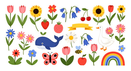 Whimsical Cartoon Collection Flowers Fruits Animals and Rainbow.