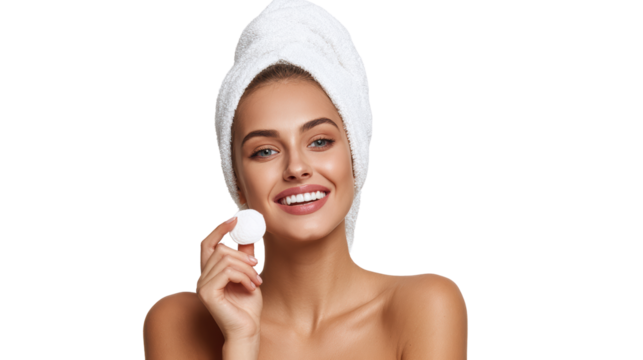 Smiling woman with a towel on her head holding a beauty product, isolated on a white background. - Powered by Adobe