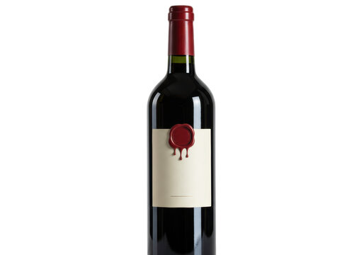 Isolated bottle of red wine with a blank label and wax seal for customization design