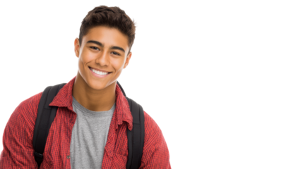 Smiling young man wearing casual attire and a backpack, isolated on a white background.