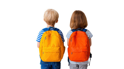 Two children with backpacks, view from behind, isolated on white background.