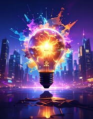 Illuminated lightbulb over a vibrant city at night