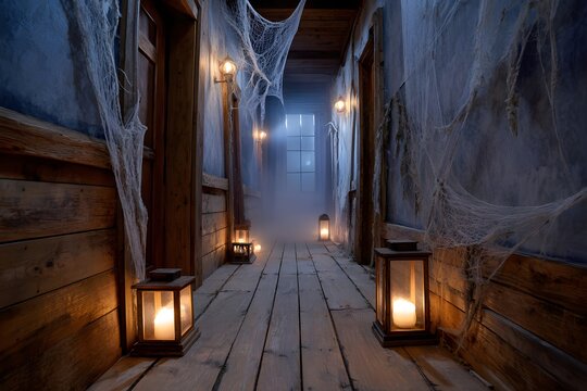 Narrow hallway with hanging cobwebs and eerie lanterns Generative AI