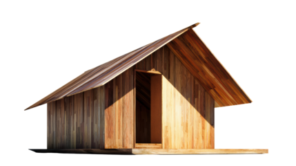 Wooden house with a sloping roof against a white isolated background.