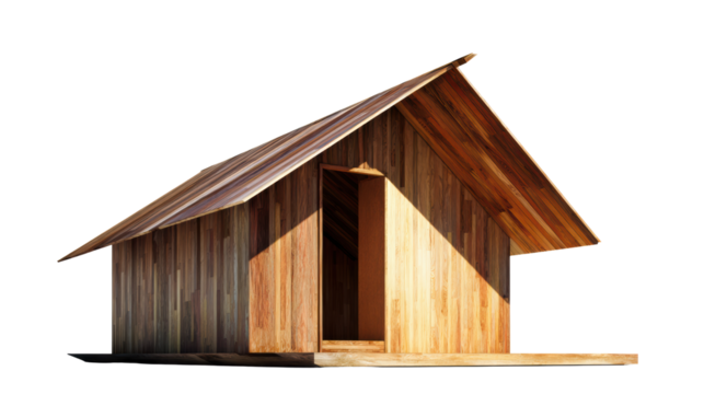 Wooden house with a sloping roof against a white isolated background.