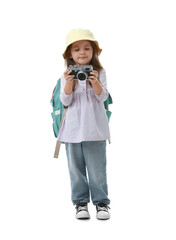 Choice of profession. Little girl with camera pretending to be photographer on white background