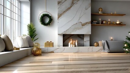 Discover a warm and inviting holiday living room filled with a Christmas tree, presents, and candles creating a festive vibe