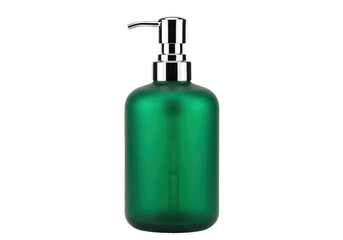 Isolated green glass pump bottle with chrome dispenser for liquids and lotion