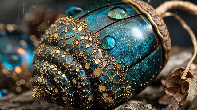 Glittering jewel beetle in motion: detailed macro of shimmering iridescent exoskeleton exploration