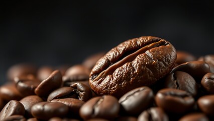 A macro shot of roasted coffee beans with textured details on a dark slate background.