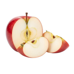 Fresh red apple cut in half with slices isolated on transparent background