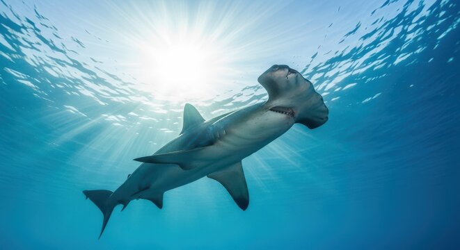 Hammerhead Shark Swimming Under Bright Sunlight in the Ocean