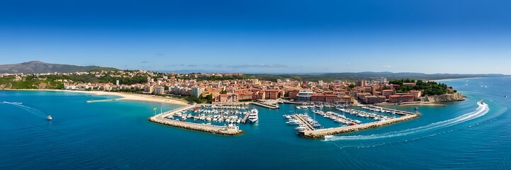 Obraz premium Panoramic aerial view of the stunning coastal city of monaco with its iconic harbor filled with luxury yachts and beautiful mediterranean sea