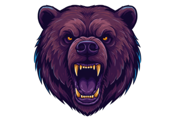 Isolated angry bear head illustration with snarling teeth and golden eyes, wildlife art