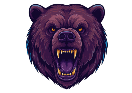 Isolated angry bear head illustration with snarling teeth and golden eyes, wildlife art