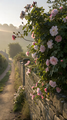 Wild roses tumbling over a rustic stone wall, early morning light.