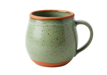 Isolated green handmade ceramic mug for coffee, tea, or hot beverage, simple rustic style