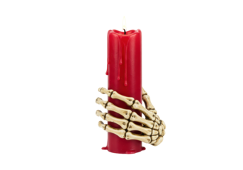 Isolated Halloween-themed red candle held by a skeletal hand ready for eerie seasonal décor