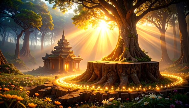 Forest Temple Glowing Path and Sunlight Through Trees Landscape