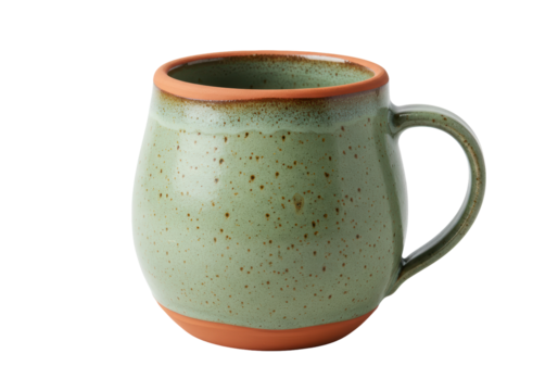 Isolated green handmade ceramic mug for coffee, tea, or hot beverage, simple rustic style