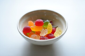 Colorful assortment of gummy candies in a white bowl
