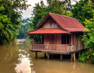 Fototapeta premium Rustic wooden house on stilts by a river in a lush jungle