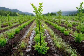 Obraz premium Carbon offset project site with young trees in a rural area Generative AI