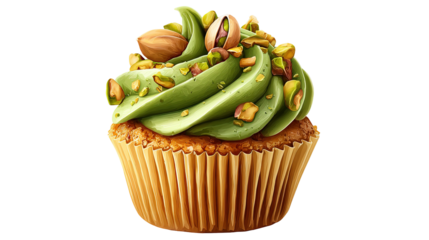 Cupcake. Birthday cupcake with cherry on top. Happy Birthday. Tasty baking cupcakes, cake or muffin with white cream icing, frosting. Bakery, confectionery. Purple cup liners. Isolated background