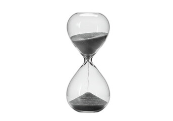 Isolated grayscale image of an hourglass showing passing time as sand flows through the center