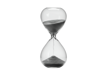 Isolated grayscale image of an hourglass showing passing time as sand flows through the center