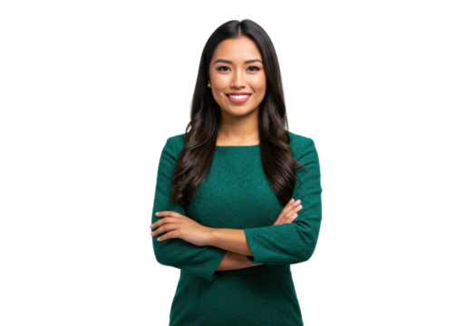 Isolated Young professional woman smiling with arms crossed looking at the camera confidently